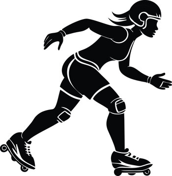Black silhouette of a roller derby skater in motion, helmeted and padded, on skates, white background, dynamic pose, action-oriented, graphic style.