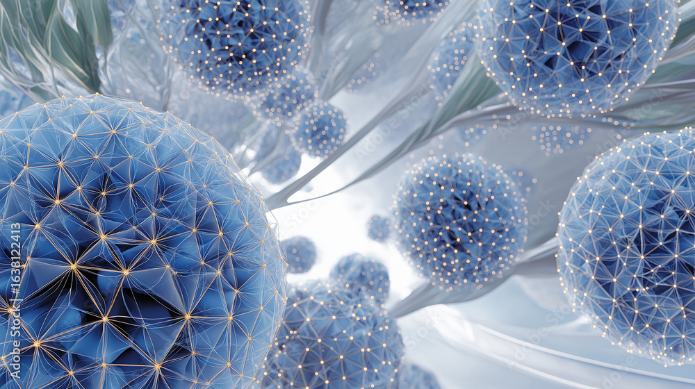 Poster scientific abstract of a microscopic world: an artful portrayal of interconnected blue spheres with 