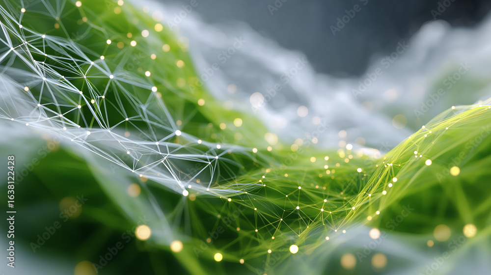 Poster nature's network: an abstract representation of interconnected leaves, visualized with glowing nodes