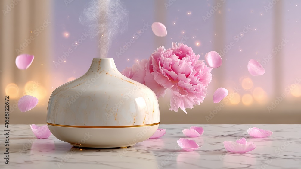 Poster white vase with a pink flower and a diffuser with steam coming out of it. the diffuser is emitting a