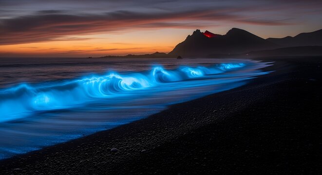 Bioluminescent waves glowing on a volcanic black sand beach at dusk
