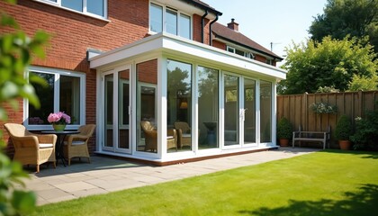 Naklejka na ściany i meble Modern white UPVC conservatory extends house with glass walls, doors, offering patio garden views. Sunproof, waterproof structure enhances living space. Features wicker chairs, table for outdoor