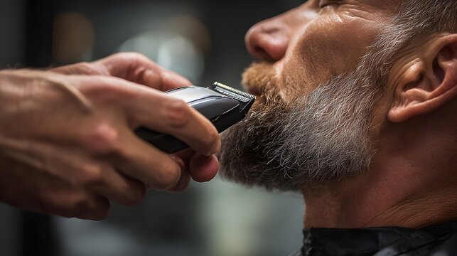 Close up of a barber trimming a man's grey beard with an electric trimmer in a salon grooming