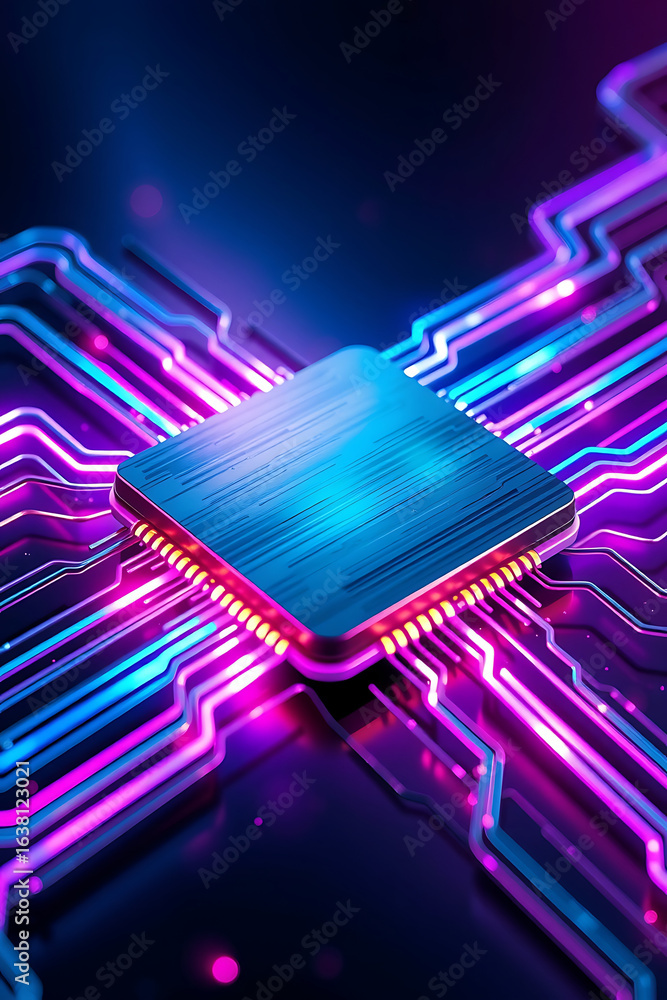 Aufkleber close-up view of a glowing, futuristic circuit board with a central processor chip.