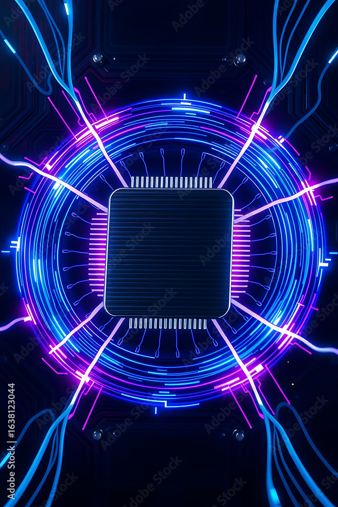 Poster abstract digital illustration of a central computer chip surrounded by glowing circuits.
