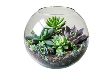 A beautifully arranged terrarium featuring various succulent plants in a clear glass orb, set against a neutral background, showcasing vibrant greens and earthy textures, ideal for home decor
