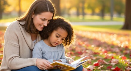 Happy multiethnic family, a mother and daughter, reading a book in a park during a sunny autumn day. Family bonding and education.