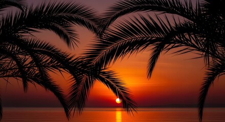 Fototapeta premium Silhouetted Palm Trees Framing a Tropical Ocean Sunset