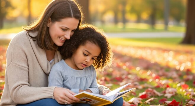 Happy multiethnic family, a mother and daughter, reading a book in a park during a sunny autumn day. Family bonding and education.