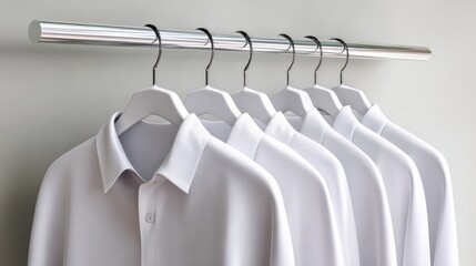 Row of white shirts hanging on a clothesline. The shirts are all the same color and are neatly hung up. Concept of order and cleanliness, as the shirts are well-organized and ready to be worn