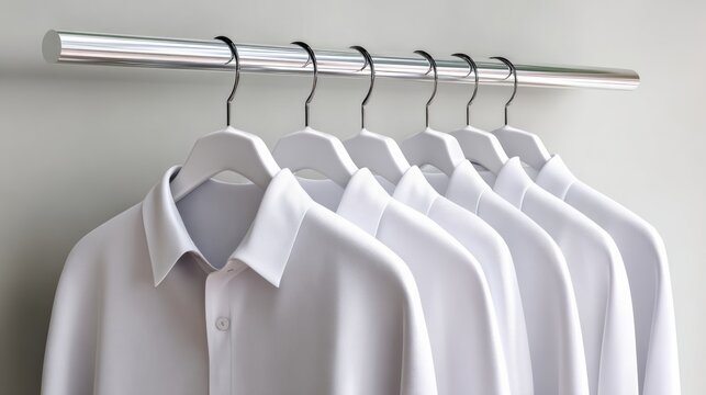 Row of white shirts hanging on a clothesline. The shirts are all the same color and are neatly hung up. Concept of order and cleanliness, as the shirts are well-organized and ready to be worn