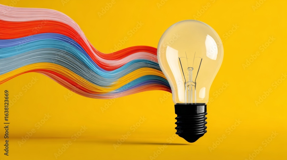 Poster light bulb is lit up and is surrounded by a rainbow. the light bulb is the main focus of the image, 