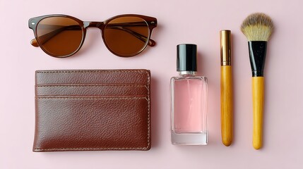 Purse, wallet, and sunglasses are on a pink background. The purse is brown and the wallet is brown. The pink background gives the image a soft and feminine feel
