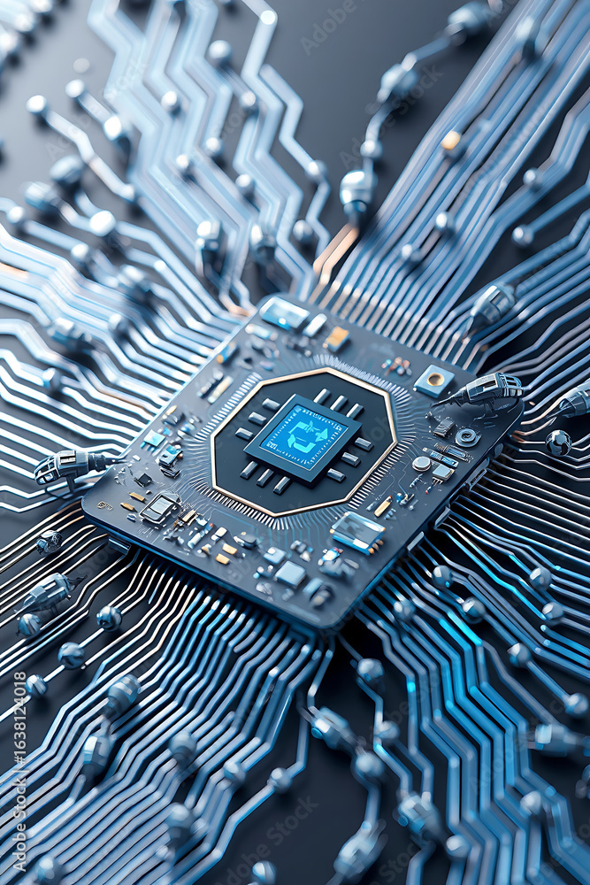 Aufkleber high-angle close-up view of a complex computer circuit board with intricate pathways and a central p