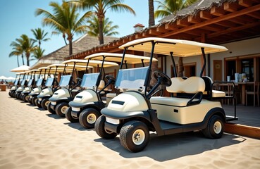Line of clean, modern white golf carts parked on sandy beach at luxury resort. Electric vehicles offer eco-friendly transportation for holiday makers, guests, perfect for navigating resort grounds,