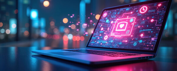 Digital world illustrated with laptop projecting icons. Interface displays neon, glowing data, charts, and heart icon. Represents modern technology, connectivity, online services, and future business.