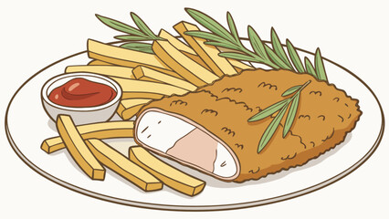Delicious schnitzel with french fries and ketchup drawing illustration for food blog and recipe website use