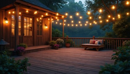 Rustic wooden deck illuminated by warm string lights on enchanting summer evening. Enjoy tranquil relaxation in plants, creating cozy, magical atmosphere for intimate gatherings or peaceful nights.