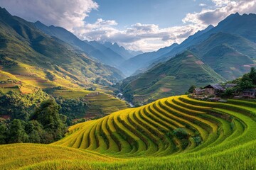 Lush terraced rice paddies, mountain valley, vibrant colors