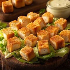 Golden crispy chicken bites arranged on fresh green lettuce leaves