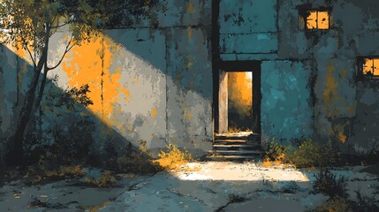 An enigmatic and serene abandoned doorway bathed in the warm glow of autumn light and enveloped in a sense of mystery and solitude
