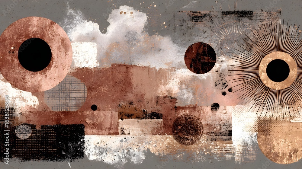 Poster an imaginative and conceptual collage composed of abstract geometric shapes textures and earthy tone