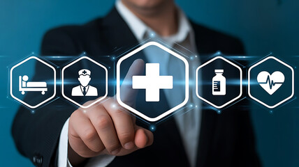 Doctor pointing at a digital interface displaying healthcare icons representing medical services and technology