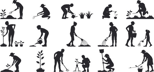 Gardening people silhouette set, flat vector illustration showing planting, watering, raking, digging, and farming activities for outdoor agriculture and landscaping