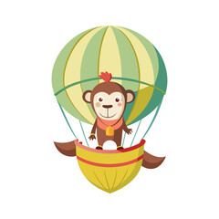 Playful Monkey Flying in Banana Shaped Hot Air Balloon | Whimsical Cartoon Animal Adventure Vector Illustration for Kids and Fun Projects