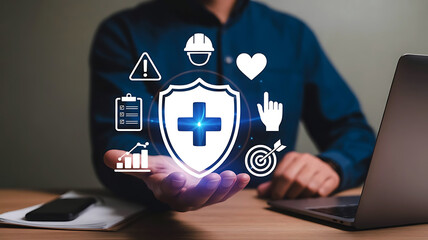 Person holding a shield with a medical cross surrounded by icons representing health safety and business growth