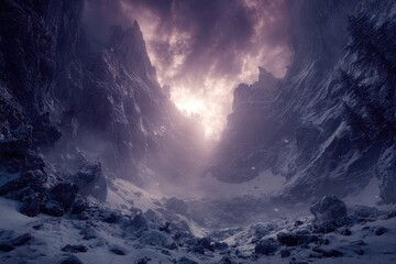 Snowy mountain pass, dramatic light