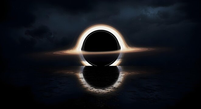 Ethereal rendering of a supermassive black hole reflecting over a dark expanse - Powered by Adobe