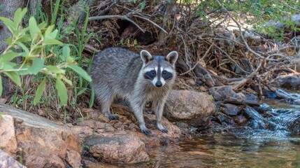Obraz premium Near a gently flowing stream, a raccoon crouches down, skillfully washing its paws among the smooth rocks, surrounded by lush greenery and tranquil sounds of water.