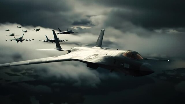 Cinematic high-contrast shot of a B-2 stealth bomber flying alongside fighter jets through a dark, cloudy sky, dramatic lighting casting sharp highlights and deep shadows on the military aircraft