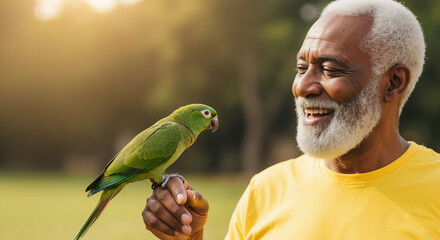 Senior african american man with a green parrot on his hand. Smiling elderly black person interacting with a pet bird outdoors in a park.