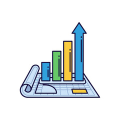An upward trending bar graph sits on top of a blueprint, symbolizing growth and strategic planning for business success and development.
