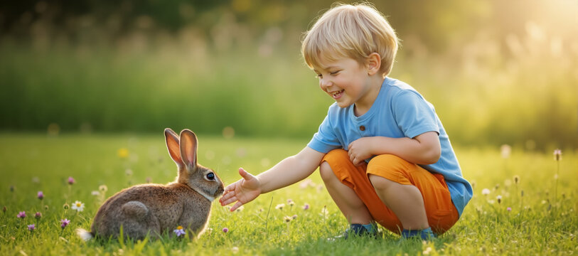 Smiling little boy reaching out to pet a rabbit in a green meadow. Happy caucasian child interacting with a cute bunny outdoors in summer.