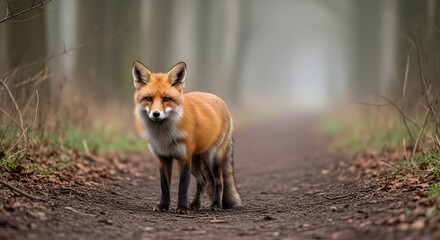 Fototapeta premium Beautiful red fox standing on a path in a foggy autumn woodland