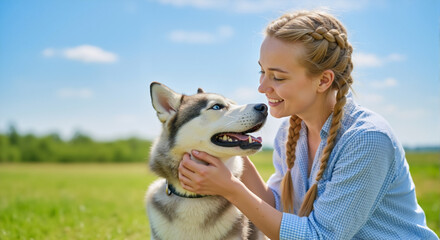 Smiling young woman with braided hair petting a siberian husky dog. Happy blonde girl looking at her pet in a green field under a blue sky.
