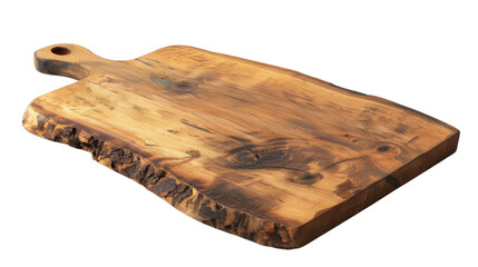 A rustic wooden cutting board showcasing rich grain patterns and natural edges, perfect for culinary presentations or kitchen decor, set against a simple, neutral background