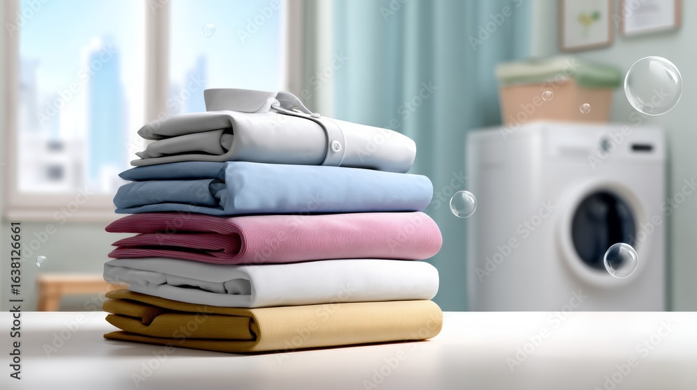 Poster stack of clothes is piled on top of each other on a table. the clothes are of different colors and s