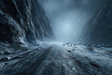 Frozen mountain pass under a starry night