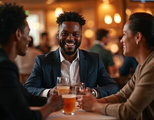 Three diverse professionals smiling, conversing over drinks at upscale bar. Man in dark suit beams at camera, engaging in lively discussion with companions. Scene captures warm, celebratory