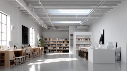 Creative Studio Spaces: Inspiring creative studio spaces with minimalist design, bright lighting, and functional layouts, isolated on a white background