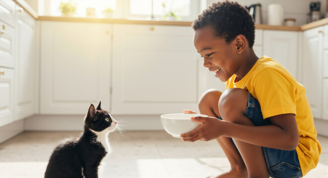 Smiling african american boy feeding a kitten in the kitchen. Happy child giving food to his black and white cat at home.