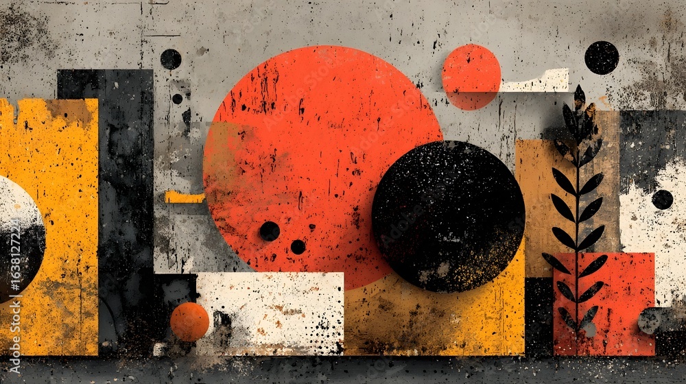 Poster captivating abstract artwork featuring a dynamic layered composition of bold geometric shapes and vi