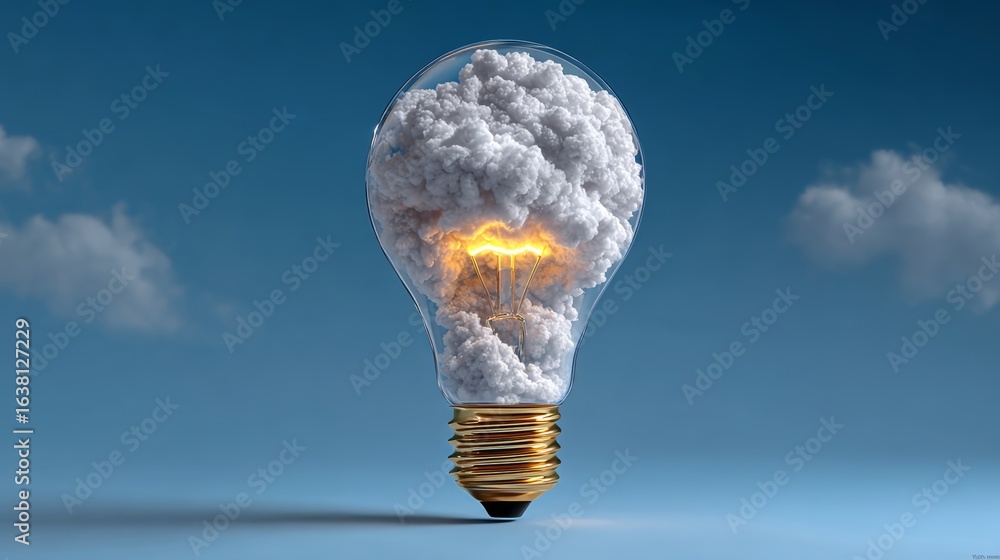 Aufkleber light bulb is lit up and surrounded by clouds. the light bulb is glowing and the clouds are dark and