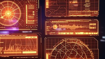 High-tech, orange futuristic interface panels displaying graphs, charts, data - Powered by Adobe