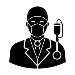 Illustration of a doctor with mask and surgical cap holding iv drip bag