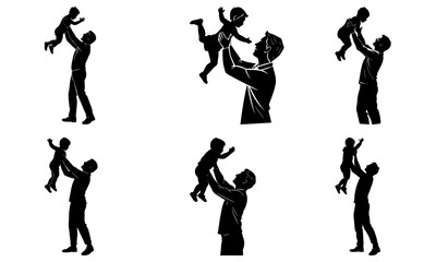Silhouettes of fathers lifting their children in the air happily fun